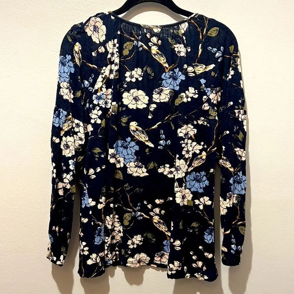 Lucky Brand Puff Sleeve Split Neck Floral Print Peasant Navy Blue Top S - Picture 5 of 6